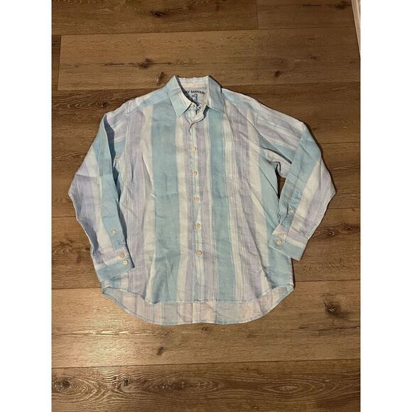 Tommy Bahama Mens Blue Striped Linen Long Sleeve Button Up Size Medium - Picture 1 of 3